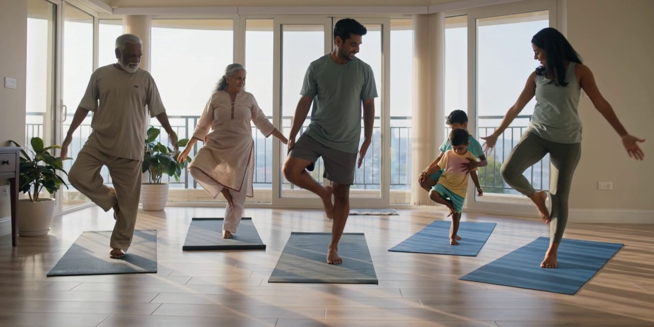 Family practising yoga together at home