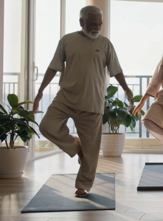 Senior man doing yoga at home
